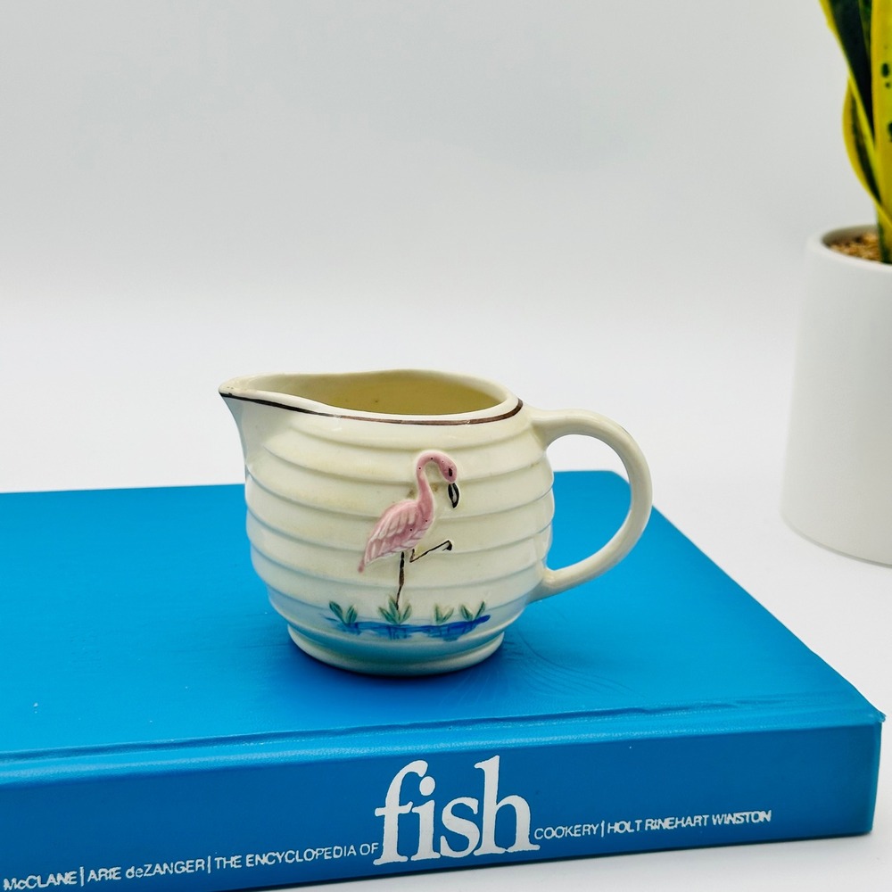 Vintage Porcelier Flamingo Creamer Pitcher 1940s Pink Ribbed MCM Coastal